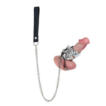 Lade das Bild in den Galerie-Viewer, Flame Cutout Stainless Steel Chastity Cage with Restraint - Beaded cord version shown on display dildo; dildo not included
