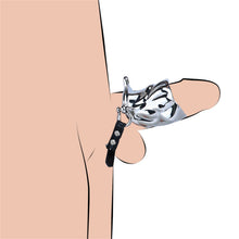 Lade das Bild in den Galerie-Viewer, Flame Cutout Stainless Steel Chastity Cage with Restraint - Leather strap fit illustration with display dildo; dildo not included
