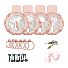 Lade das Bild in den Galerie-Viewer, Pink and clear four-in-one modular plastic chastity cage set with six rings and accessories
