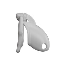 Load image into Gallery viewer, White Galaxy Shell chastity cage side view showing the curved shell, upper bridge and lower side opening

