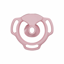 Load image into Gallery viewer, Pink Halo Ring flat chastity cage front view with a circular center opening and three strap slots
