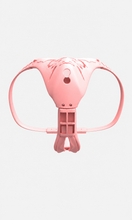 Load image into Gallery viewer, Pink custom chastity belt underside view showing openings and lower adjustment assembly
