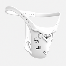 Load image into Gallery viewer, White heart-cutout custom chastity belt front view
