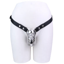 Load image into Gallery viewer, Horror Skull Metal Chastity Cage with Standard Belt front view on mannequin
