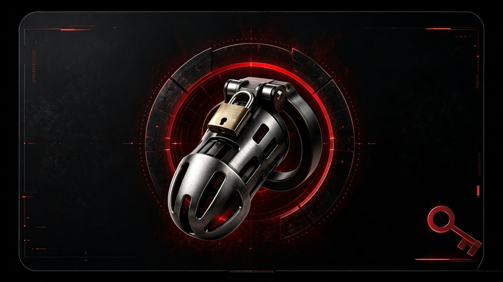 A metallic chastity cage and brass padlock inside a dark red circular interface
