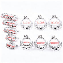 Lade das Bild in den Galerie-Viewer, Mamba Stainless Steel Ball-Enclosing Chastity Cage size chart showing five cage lengths and six ring diameters
