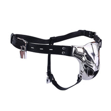 Load image into Gallery viewer, Mech Armor Metal Chastity Cage with Lockable Belt angled view
