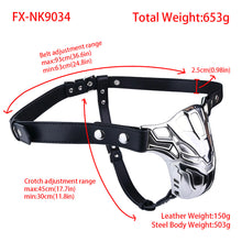 Load image into Gallery viewer, Mech Armor Metal Chastity Cage Standard Belt adjustment measurements
