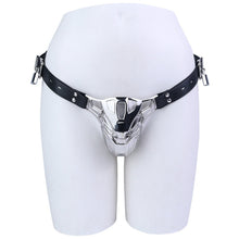 Load image into Gallery viewer, Mech Armor Metal Chastity Cage with Lockable Belt front view on mannequin

