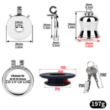 Load image into Gallery viewer, Mirror Polish Flat and Inverted Chastity Cage – short 36 mm inverted insert and ring size chart
