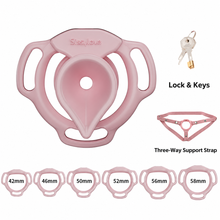 Load image into Gallery viewer, Pink Moon Drop complete set with lock, keys, three-way support strap and six rings measuring 42, 46, 50, 52, 56 and 58 mm
