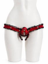 Load image into Gallery viewer, Black &amp; Red Lace elastic support strap shown from the front on a display mannequin; cage not included
