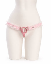 Load image into Gallery viewer, Pink Lace elastic support strap shown from the front on a display mannequin; cage not included
