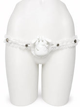 Load image into Gallery viewer, White Lolita Lace elastic support strap shown from the front on a display mannequin; cage not included
