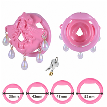 Lade das Bild in den Galerie-Viewer, Pink Ocean Tears Flat Chastity Cage – pink cage front and rear views with 38, 42, 48 and 52 mm rings
