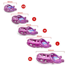 Load image into Gallery viewer, Purple Slave Mamba Chastity Cock Cage size comparison
