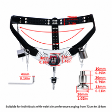 Lade das Bild in den Galerie-Viewer, Qiling Metal Chastity Pants with Chains size chart with 72–114 cm waist range and component measurements
