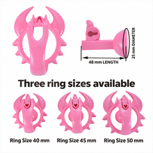 Afbeelding in Gallery-weergave laden, Scorpion chastity cage English size chart: 40, 45 and 50 mm rings; support piece 48 mm long and 25 mm diameter
