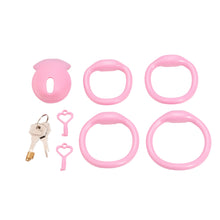 Lade das Bild in den Galerie-Viewer, Pink silicone dome chastity cage set with four rings and keys
