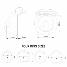 Lade das Bild in den Galerie-Viewer, Silicone dome chastity cage dimensions and four ring sizes, 43 by 39 to 58 by 54 mm
