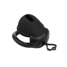 Lade das Bild in den Galerie-Viewer, Black silicone dome chastity cage angled front view
