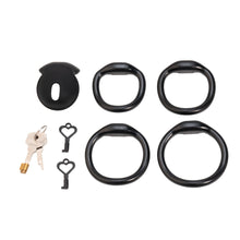 Lade das Bild in den Galerie-Viewer, Black silicone dome chastity cage set with four rings and keys
