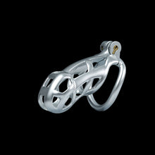 Load image into Gallery viewer, Silver Mamba Chastity Cage Kit 1.77 To 4.13 Inches Long lock and ring details
