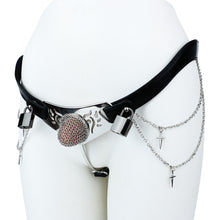 Load image into Gallery viewer, Silver Scale Armor Chain Chastity Pants angled view of the shorter cage
