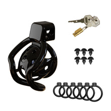 Lade das Bild in den Galerie-Viewer, Black spider-frame plastic chastity cage with six included base rings
