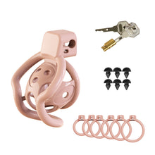 Lade das Bild in den Galerie-Viewer, Pink spider-frame plastic chastity cage with six base rings, silicone studs, lock and keys
