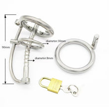 Afbeelding in Gallery-weergave laden, Stainless Steel Catheter Urethral Sounding Cock Cage dimensions showing 30mm, 90mm, 8mm
