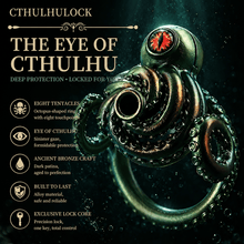 Load image into Gallery viewer, Abyssal Eye Alloy Chastity Cage feature graphic showing its red eye, sculpted tentacles, antique tones, and lock
