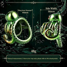 Load image into Gallery viewer, Abyssal Eye Alloy Chastity Cage measurement chart showing a 44 mm ring diameter, 50 mm side width, and 48 g weight
