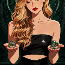 Load image into Gallery viewer, Illustrated model holding two views of the Abyssal Eye Alloy Chastity Cage
