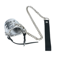 Load image into Gallery viewer, Ventilated Weighted Stainless Steel Chastity Cage with Chain – leather strap cage with chain
